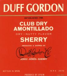 Etiqueta antigua de Duff Gordon: Established 1768 Club Dry Amontillado, Dry nutty Flavor, Produced & Shipped by Duff Gordon & Co Jerez-Xeres-Sherry 