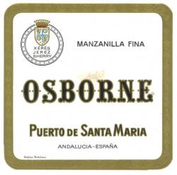 Etiqueta antigua de Osborne: Manzanilla Fina, Osborne, Puerto de Santa María. 