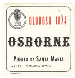 Etiqueta antigua de Osborne: Oloroso 1874, Osborne, Puerto de Santa María. 