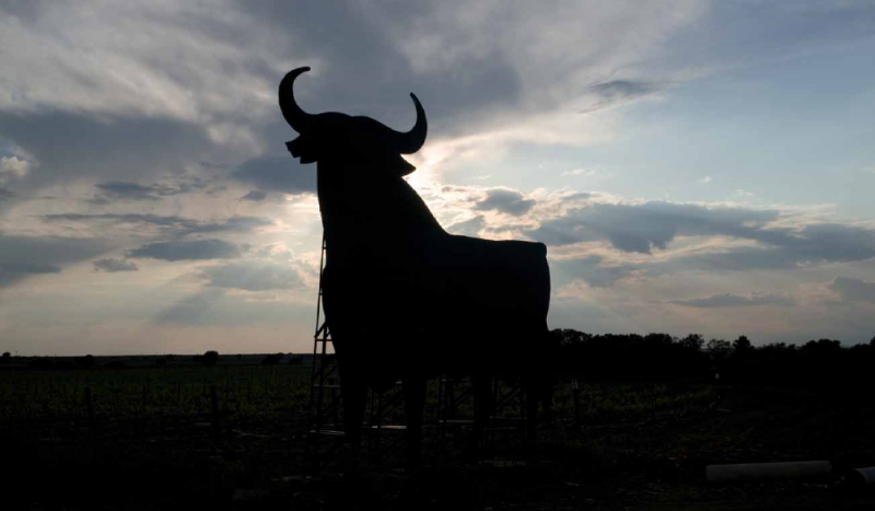 Foto de la valla publicitaria del Toro de Osborne tal y como lo conocemos hoy, sin rotulo y con una dimensión de 14 metros de altura. Valla publicitaria que con el paso de los años se ha convertido en un Icono de bien interés cultural Español. 